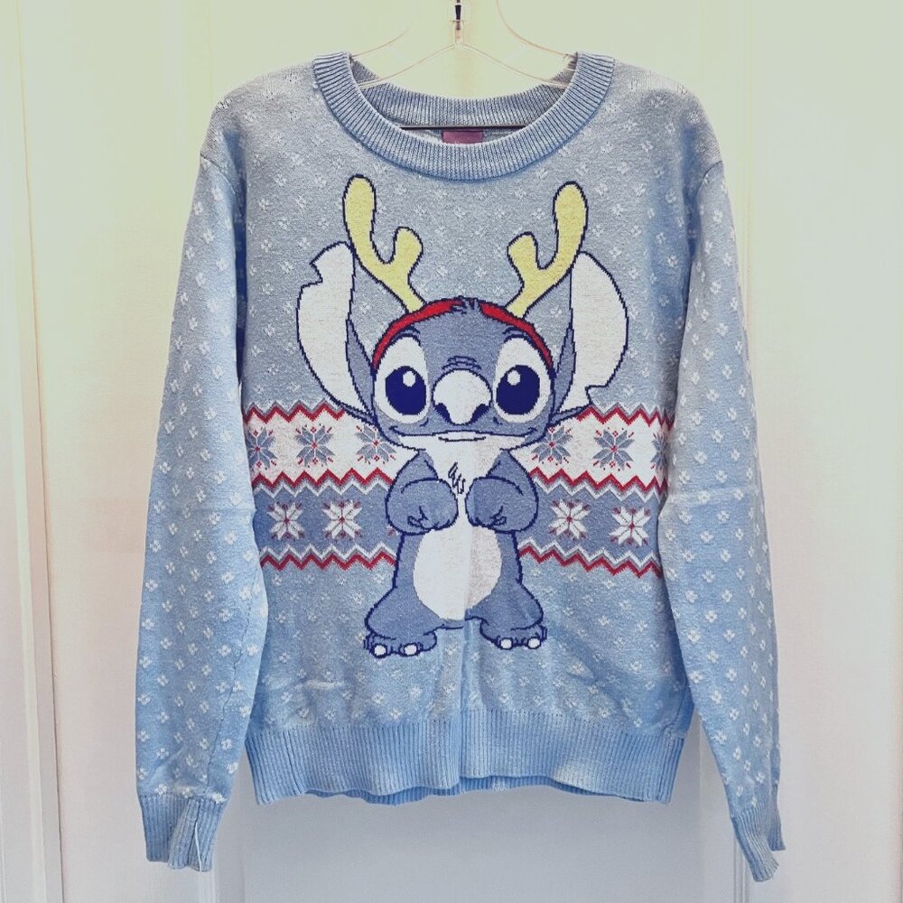 Disney Stich Long Sleeve Sweater-Girls Lg (10-12)-Blue/Red mix-Reindeer/Antlers